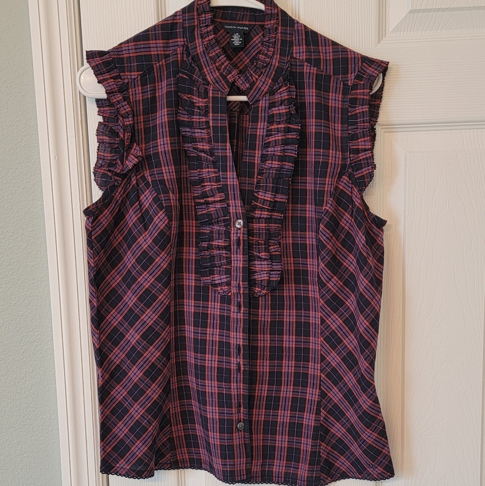 Womens Tommy Hilfiger Ruffled Sleevless Button Down Blouse Size L